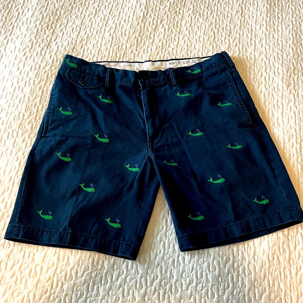 Polo by Ralph Lauren navy shorts with whale motif. Gently worn condition.